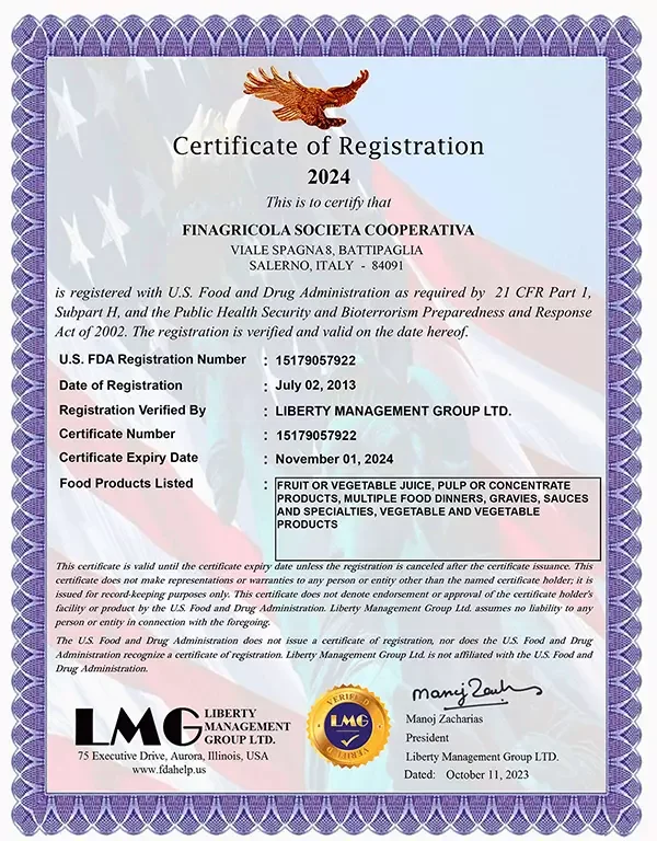 Finagricola FDA Certificate 2024
