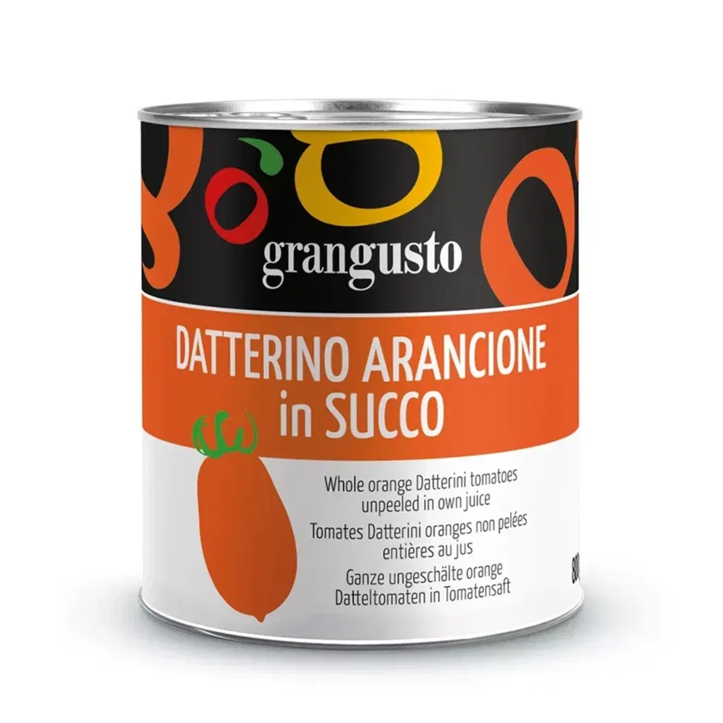Grangusto Whole orange Datterini tomatoes unpeeled in own juice 800g