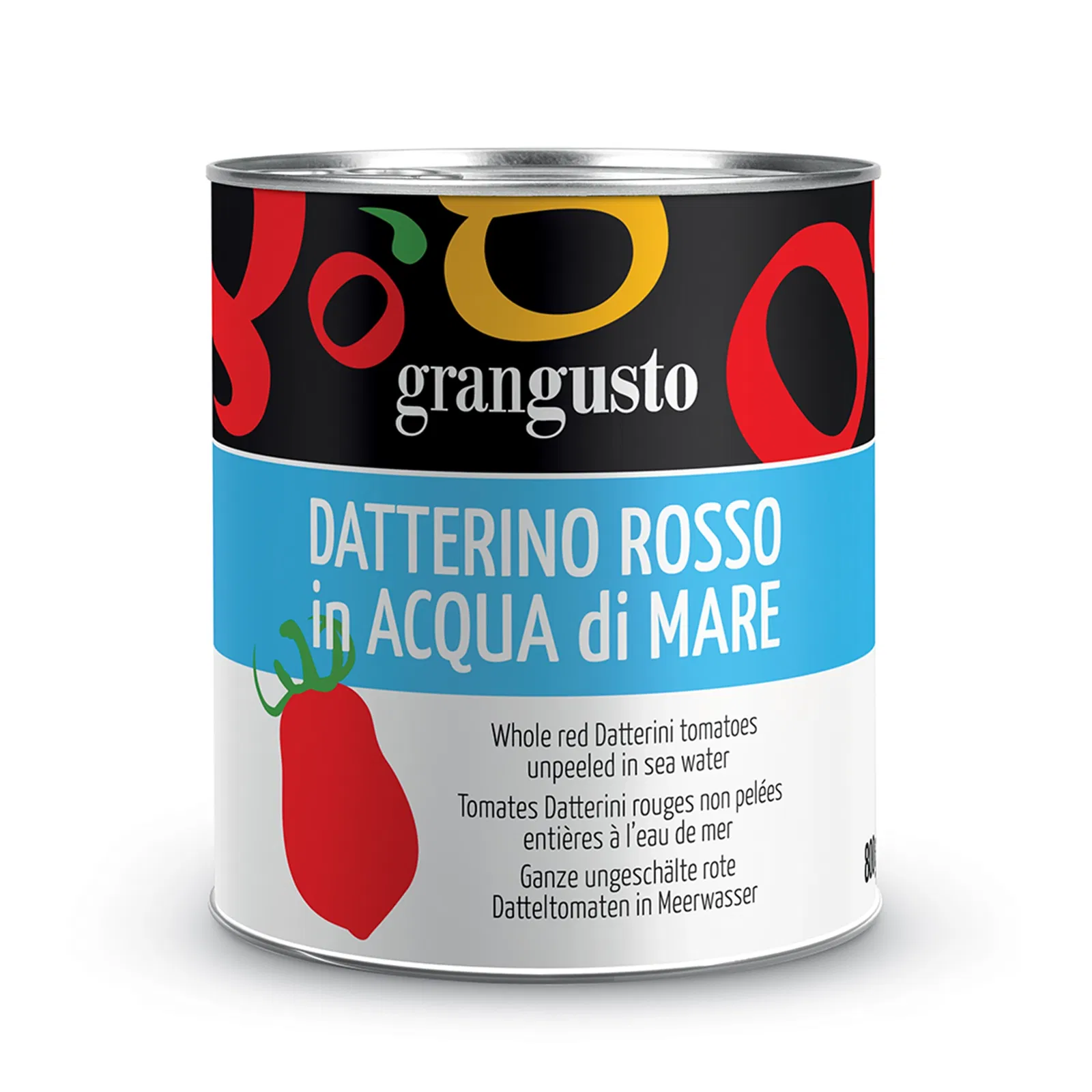 Grangusto Whole red Datterini tomatoes unpeeled in sea water 800g
