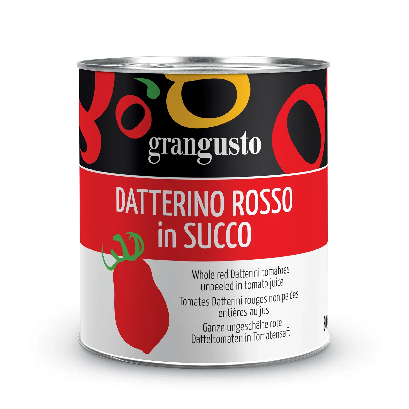Grangusto Whole red Datterini tomatoes unpeeled in tomato juice 800g