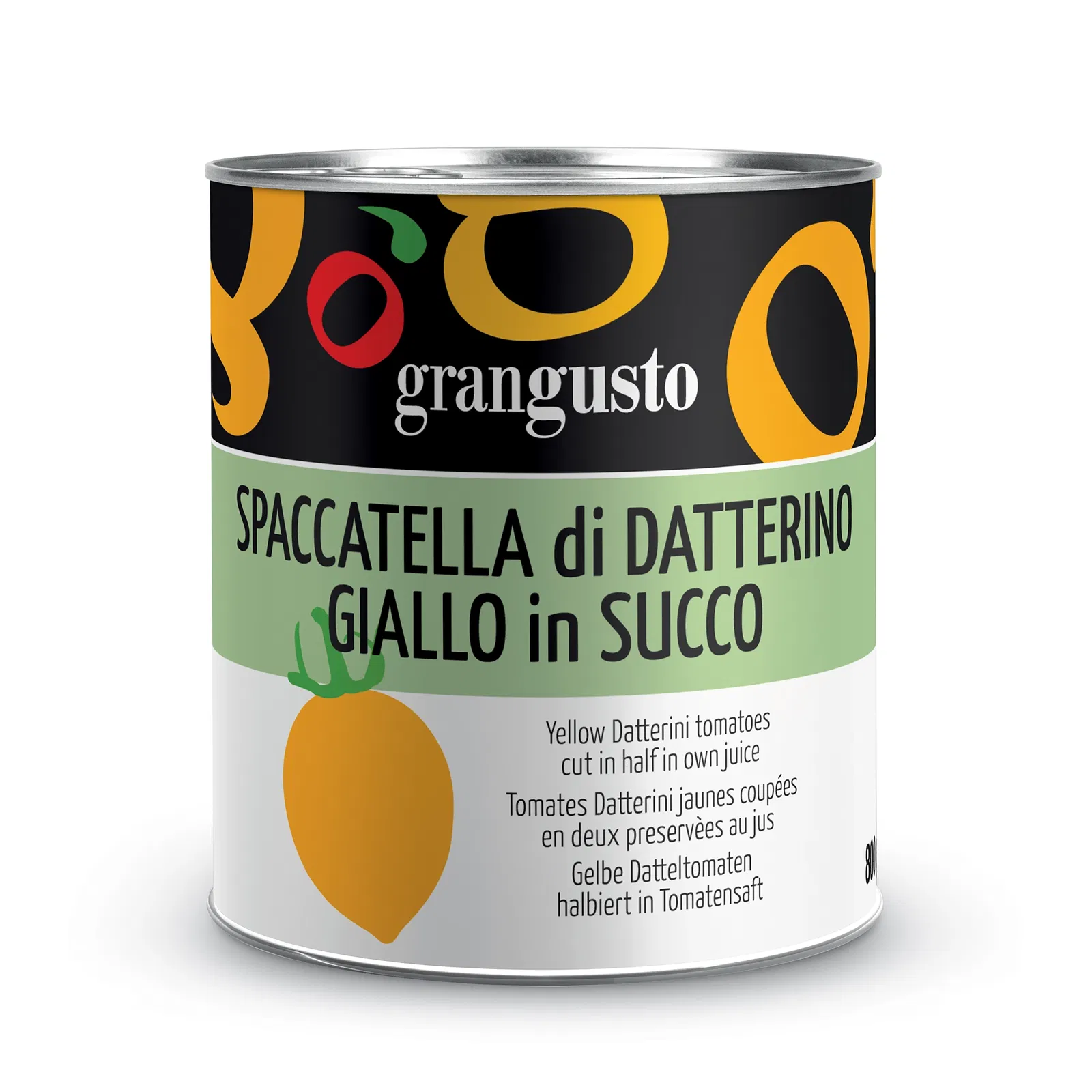 Grangusto Yellow Datterini tomatoes cut in half in own juice 800g